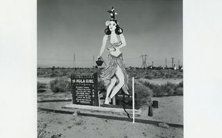Hula girl in Hulaville near Victorville CA black and white Hula Girl sign in the desert at Hulaville