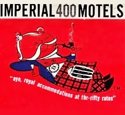 Imperial 400 1960s ad drawing of Scotsman in quilt lying, smoking a pipe, red background, text
