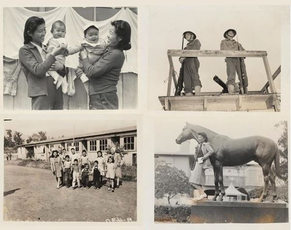 views of the Santa Anita detention center for Japanese Americans 1942, Arcadia CA Route 66 black and white, 1942, four images depicting (clockwise upper left): two Japanese American women holding babies, two armed military police on an observation tower, Seabiscuit statue and Japanese American woman posing, Japanese American family with children beside a barrack in detention center