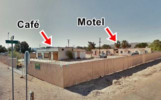 Kelley’s cafe and motel motel right at the back of the property, 4 units, cafe, block shaped 1 story flat roof bldg. left, on a corner