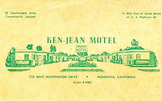 Ken Jean Motel postcard 1930s, Monrovia green on beige drawn postcard depicts motel with text KEN-JEAN MOTEL