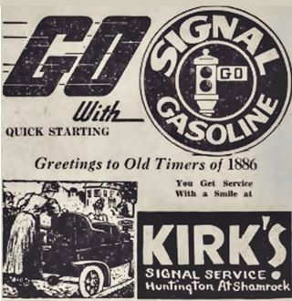 Kirks gas station Monrovia Route 66 black and white ad text and image of woman by vintage car. Kirks signal gasoline