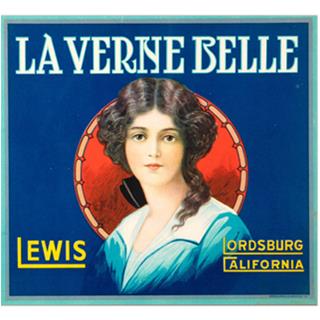 La Verne Belle orange brand 1910s Image of a young woman on a blue background on an orange box label