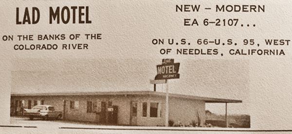 1960s advertisement text and picture of a single story motel, 1960s car and neon sign