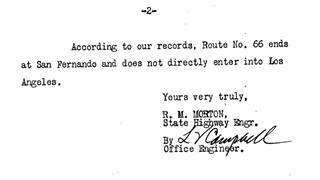 1927 letter about US 66 route in California. Click to Enlarge black and white text with US 66 route in California 1927