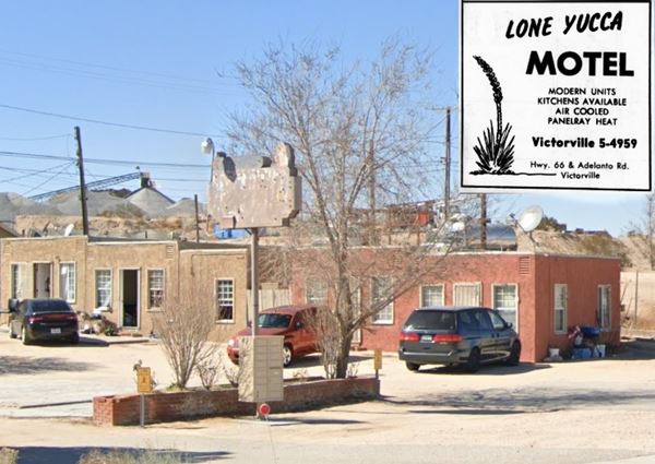 former motel units, rusty neon sign to the left, upper right inset with 1959 phone directory ad with text and image of a yucca