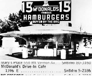McDonalds 1st stop, 1940, and telephone book entry for it, 1956 top: black and white 1940 circular shaped burger stop, advertising 15 cent burgers. Bottom: telephone directory entry for it in 1956