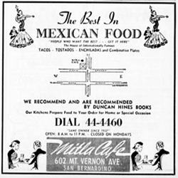 1956 phone book ad, Mitla Cafe text and images of diners and Fandango dancer in MITLA CAFE restaurant advert 1956 black and white