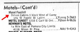 Motel Foothill advertisement black and white text phone book ad of a motel