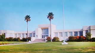 1950s New City Hall, Arcadia color 1950s postcard, white building modern style, 2 palm trees flank entrance stairway