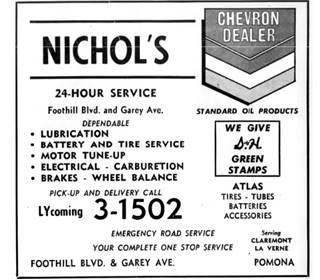 1959 Nichol Chevron advert black and white phone directory text ad of Nichol’s Chevron, with Chevron logo, 1959
