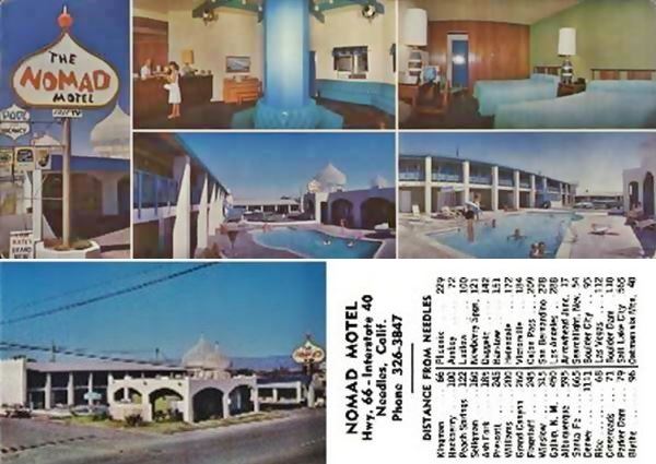 combination of two postcards depicting Saharan domed motel with pool and its view from Route 66 in the 1960s-70s