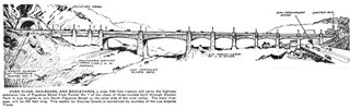 Figueroa St. Los Angeles River bridge black and white sketch of viaduct acorss railroad, street and river, tunnel on the left. 1936
