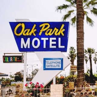 blue sign, white letters say MOTEL, yellow ones OAK PARK, white arrow incorporated into this 1960s googie style sign palm tree behind
