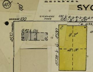 Sanborn map 1950, Los Angeles detail of a 1950 color map, showing a GAS & OIL on Figueroa and Sycamore