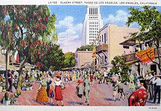 Olvera Street 1930 postcard, Los Angeles color 1930s linnen postcard people in a pedestrian street with trees, Spanish-Mexican buildings, stores, City Hall behind