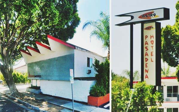 two views of a motel. Left: sawtooth roof over office, tree, highway. Right: 1960s neon sign ASTRO Motel