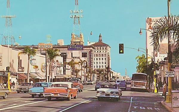 Antique postcard view of Route 66 in Pasadena, California