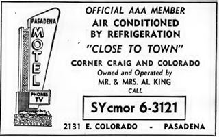 1959 telephone directory ad PASADENA MOTEL, text and image of its neon sign