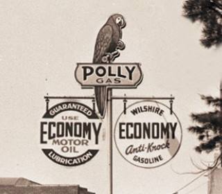 1935 Polly gas station sepia 1935 detail of a Santa Monica Polly gas station, sign with parrot