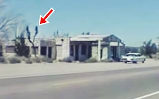 1993 Potapov Sation Potapov gas stations stone building by US66, trees, canopy, Joshua Treee