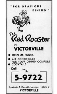 1959 phone book ad, Red Rooster US66 Victorville advertisement from telephone directory 1959, black and white with a cock image and text Red Rooster Restaurant