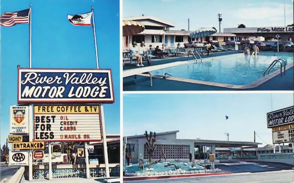color postcard showing panels with sign, pool, units and pool of a motel, the River Valley Motor Lodge
