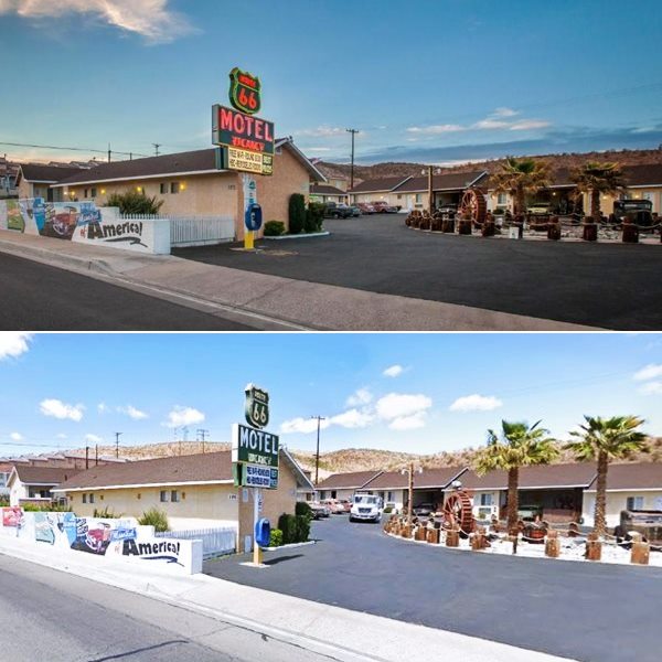 The Route 66 motel, Barstow CA same view at night (top) day (bottom) gable roof motel units, neon sign lit up at night, with Route 66 shield