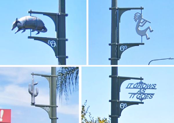 US66 decorative urban art on lamp posts, Los Angeles CA Route 66 four pictures clockwise: armadillo, Kokopelli flute player, IT GROWS AS IT GOES phrase, cactus in metal, held by brackets with 66 cut out of lower one