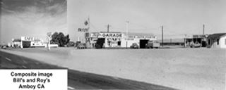 Bill’s and Roy’s stations in Amboy 1940s by A. Whittall two 1940s gas stations with signs and cars seen from US66 Amboy
