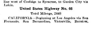 1928 ROUTE 66 waypoints in California text, black and white, 1928 magazine with waypoints of Route 66 in the Los Angeles region
