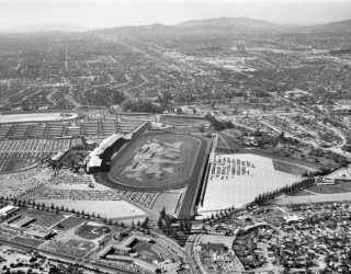 Santa Anita racetrack 1958 aerial view Santa Anita racetrack and Huntington Dr, and Rte 66 seen from the air in a black and white 1958 aerial photo