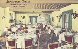 Sportsman Tavrern Duarte CA color postcard 1940s, dining area of a restaurant