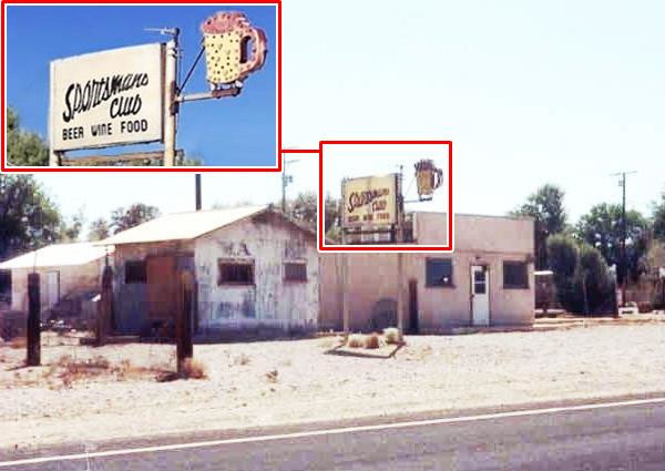 Sportsman’s 2007, Daggett US 66 US66 and beyond the Sportsman’s Club neon sign with beer mug and white acrylic panel by gable roof building, inset shows neon sign closer