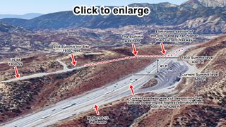 The summit area at Cajon Pass, a diagram satellite view of the summit area of Cajon pass with old US66 alignment, current I-15 and arrow and text explaining the sites along it