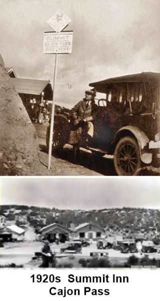 black and white c.1920s two images. Top: man by car and Summit sign, behind is a gas station. Bottom. buildings at the Summit
