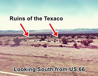 Ruins by US66 Siberia CA red arrows mark the foundations in the bushes and sand seen from US66