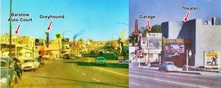 composite image of the curve at 100 W Main in Barstow, showing 1950s cars, buildings, neon signs