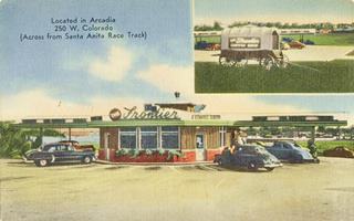 The Frontier Drive-In, Rte 66 Arcadia 1940s color linnen 1940s postcard drive in, circular, flat roof, cars sign reads THE FRONTIER DRIVE-IN