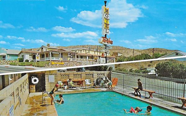 postcard 1960s, color. Pool in the bottom section, top: view of motel from Route 66, single story, units, US66 in front, multi-colored towering acrylic panelled neon sign