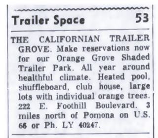 Californian Trailer Grove advertisement, 1956 black and white newspaper text ad of the CALFORNIAN TRAILER GROVE