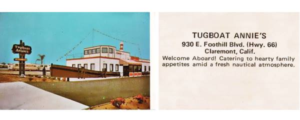 boat shaped restaurant and text from a 1960s color postcard