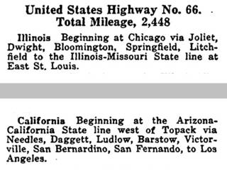 text of 1927 US highway 66 alignment. Click to Enlarge black and white text detailing alignment of US 66 in 1927