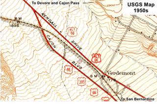 US 66 map in Verdemont CA 1950s USGS map of Verdemont with US66 and ALT66