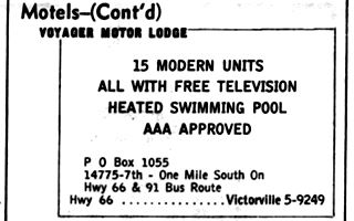 1959 advertisement Voyager Motor Lodge Victorville CA text ad from 1959 in phone directory, Voyager motor lodge