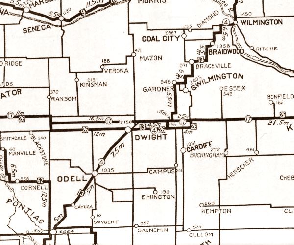 1924 roadmap of Illinois from Wilmington to Pontiac