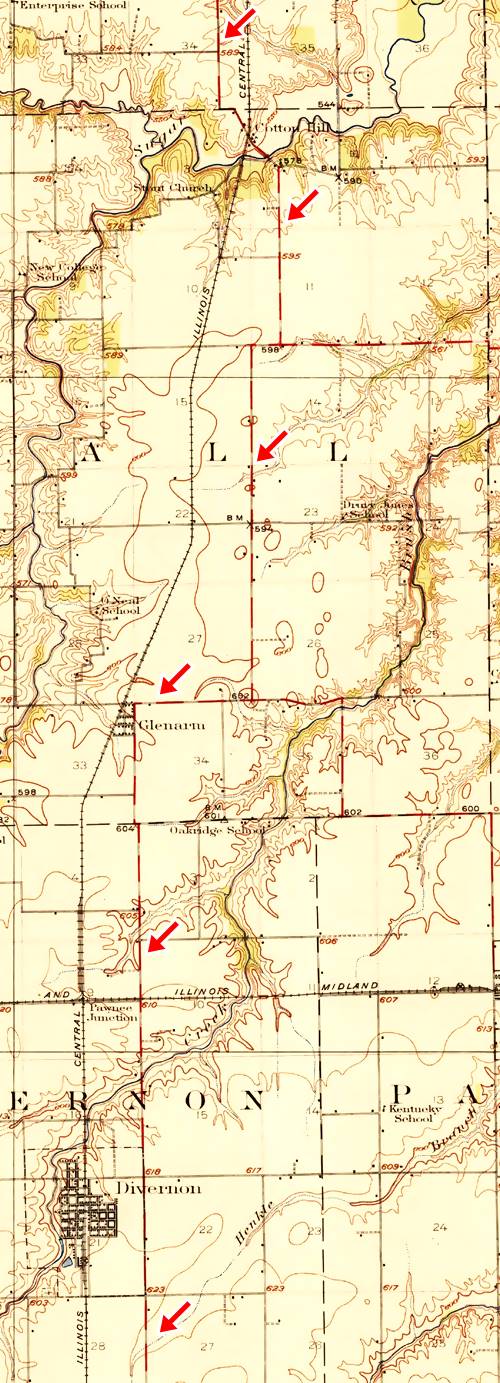 USGS map (1924) showing what would be the 1930-35 alignment of US 66 in Glenarm