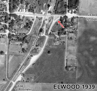 fields, town, Route 66 in a 1930 black and white aerial photo