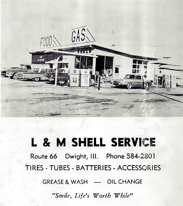 black and white, advert with Shell station and diner (top) with cars parked by it, and bottom: text