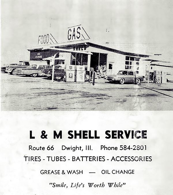 L and M Shell c.1960s, US66 Dwight black and white, advert with Shell station and diner (top) with cars parked by it, and bottom: text